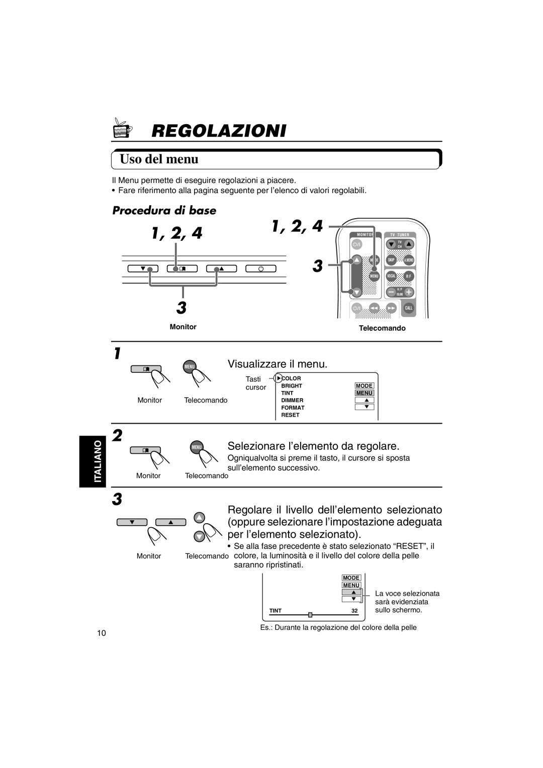 JVC KV-MH6500 manual Regolazioni, Uso del menu, Procedura di base 