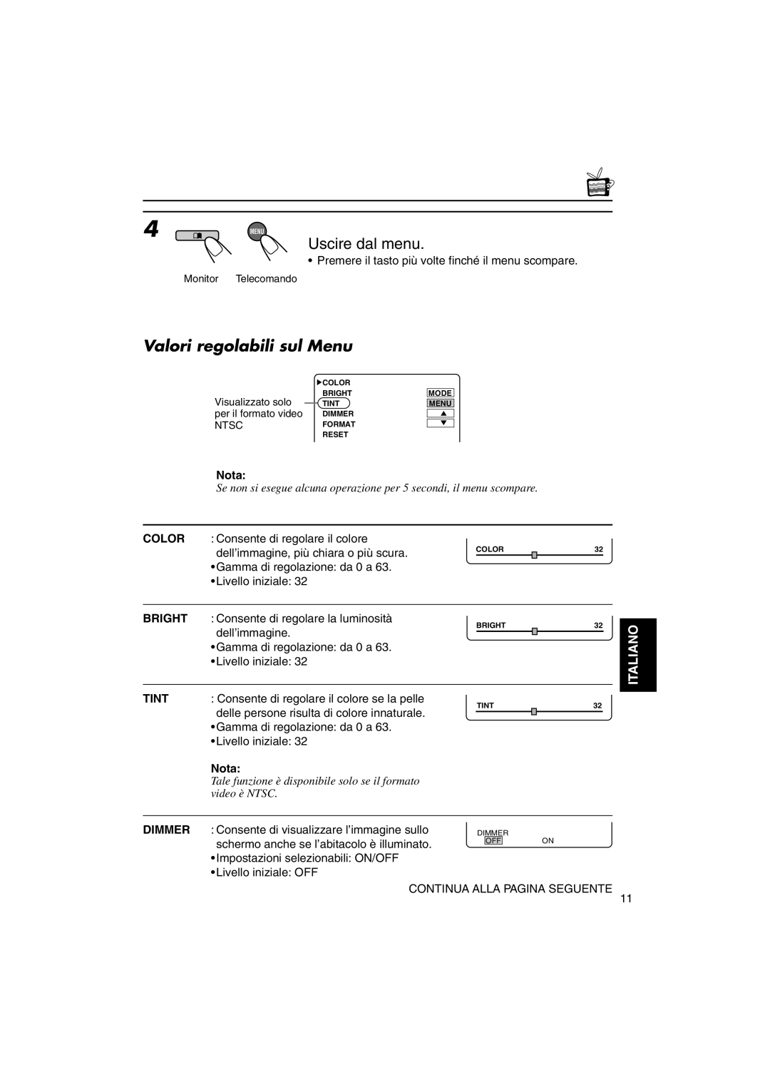 JVC KV-MH6500 manual Valori regolabili sul Menu, Nota 