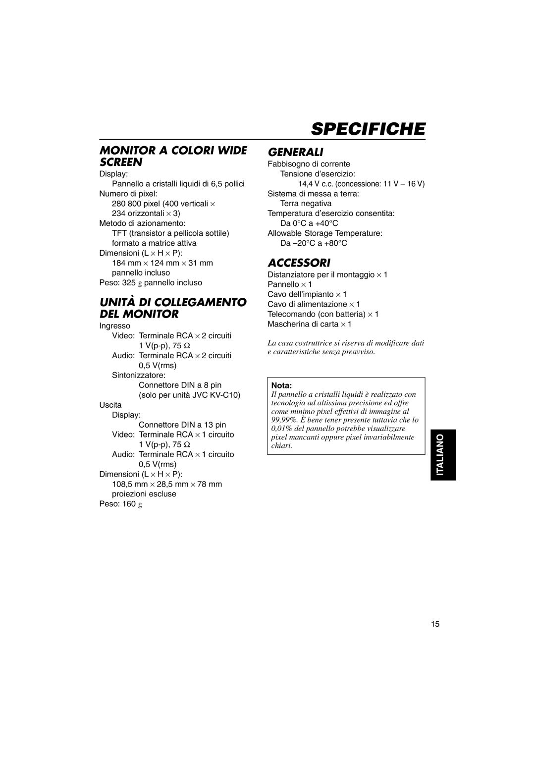 JVC KV-MH6500 manual Specifiche, Monitor a Colori Wide Screen 