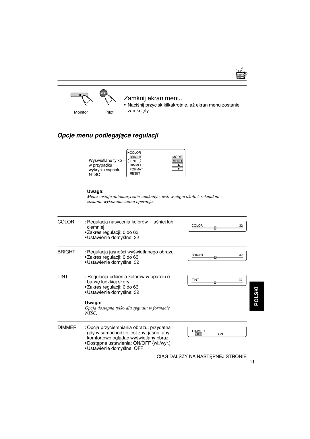 JVC KV-MH6500 manual Opcje menu podlegajàce regulacji 