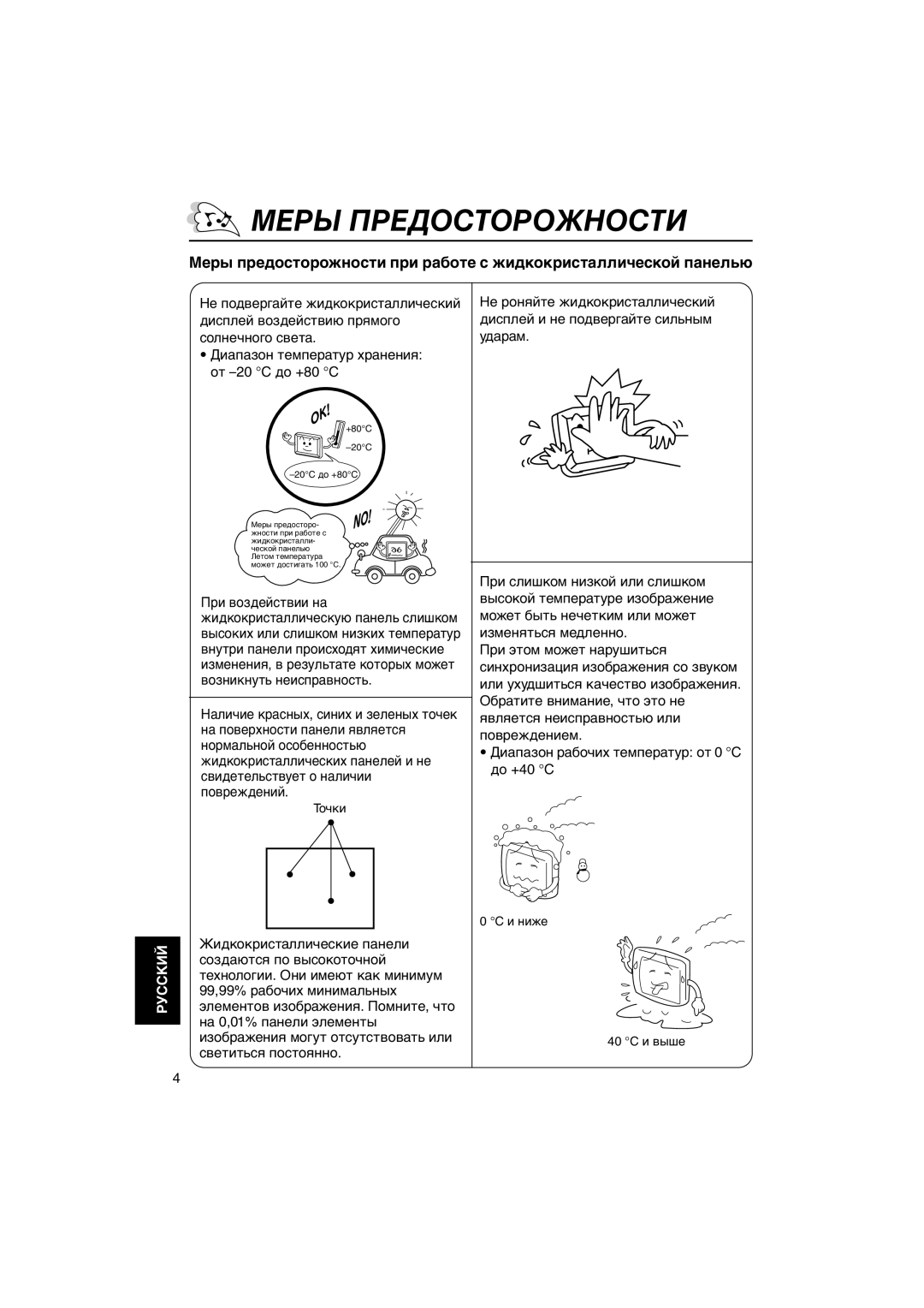 JVC KV-MH6500 manual Меры Предосторожности, Диапазон температур хранения от -20 C до +80 C 