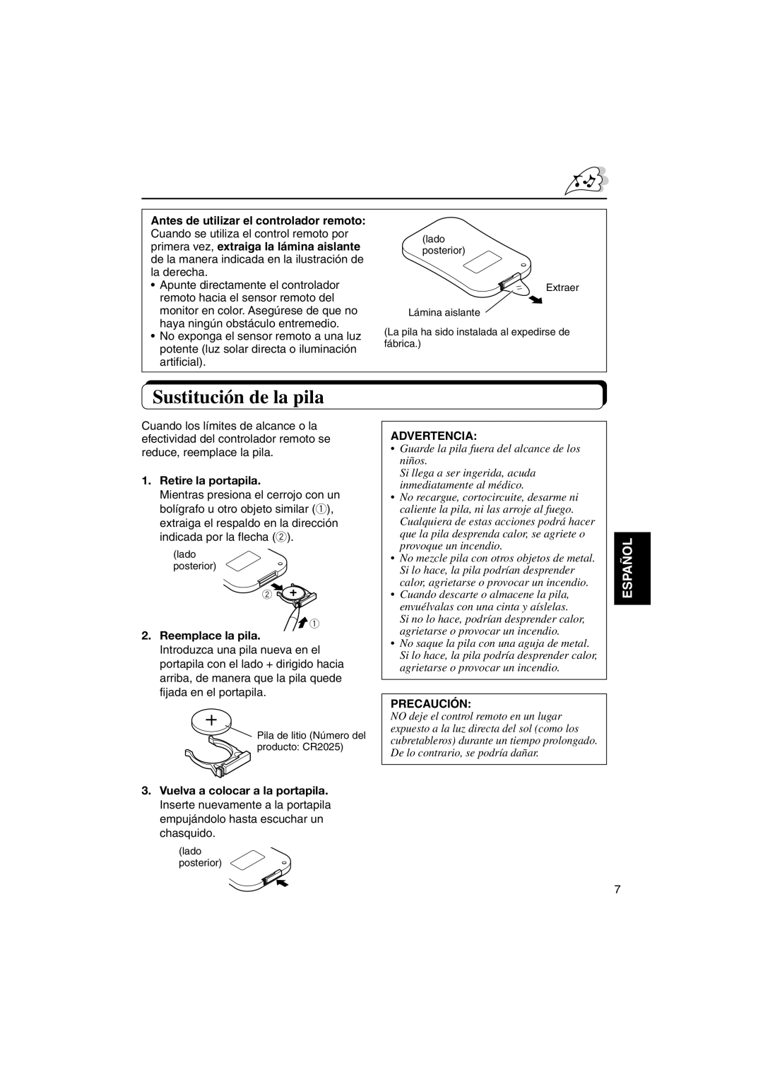 JVC KV-MH6500 manual Sustitución de la pila, Advertencia, Precaución 