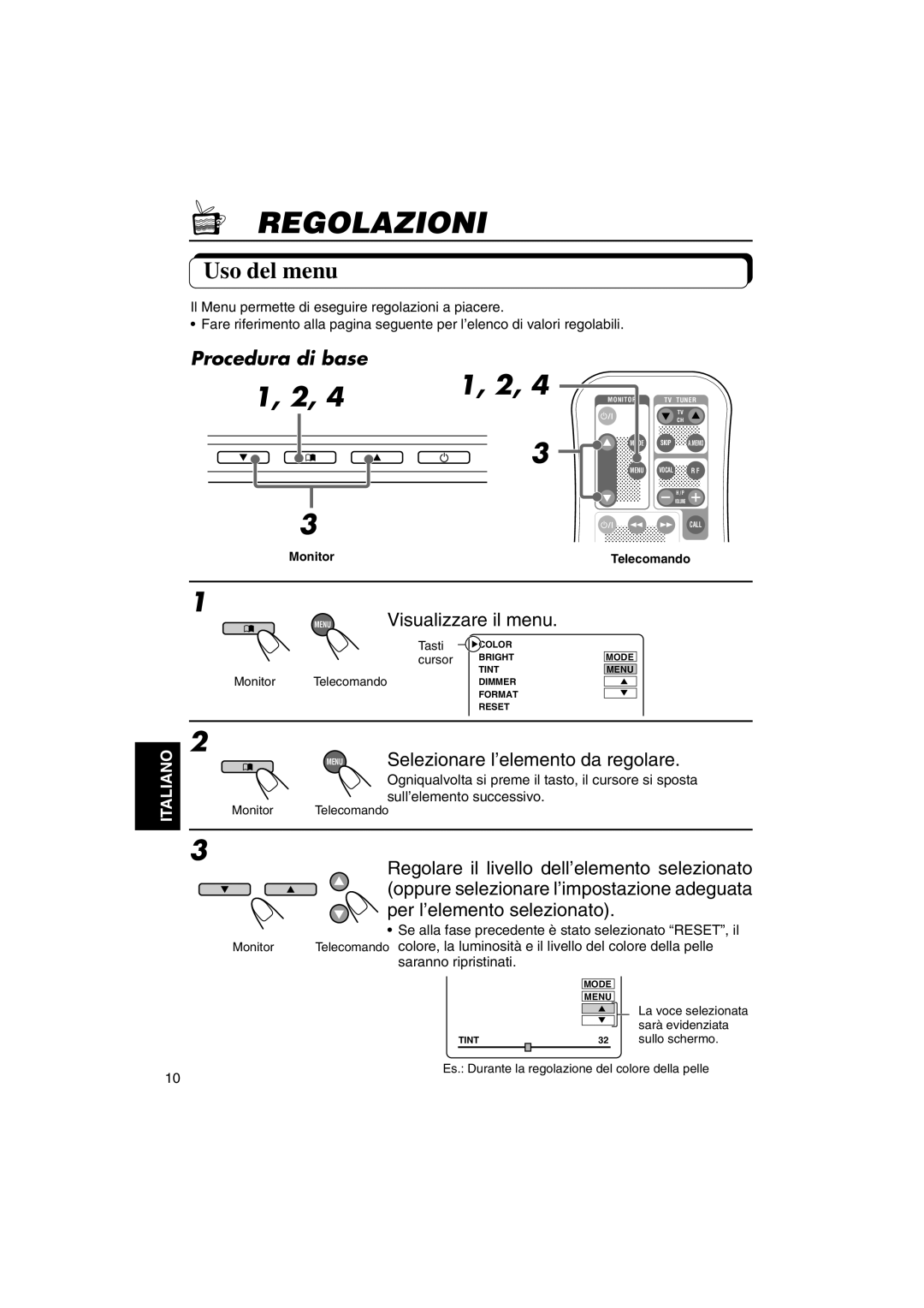 JVC KV-MH6500 manual Regolazioni, 1, 2, Uso del menu, Procedura di base, Visualizzare il menu, Italiano 