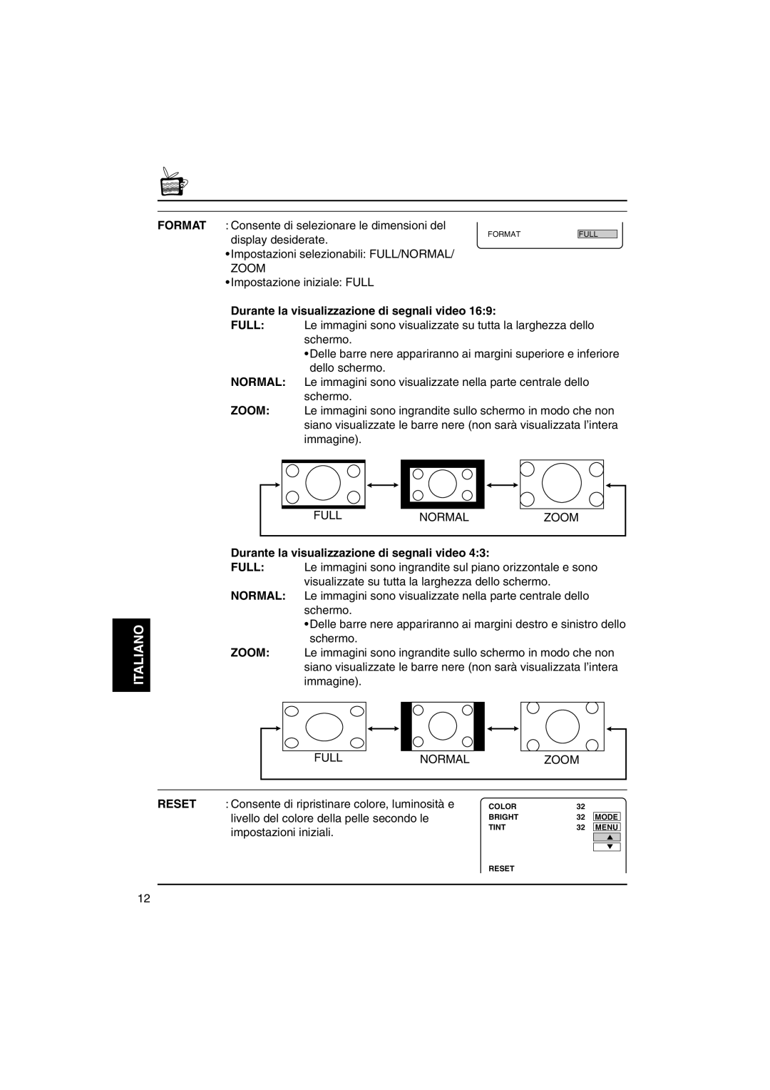 JVC KV-MH6500 manual Normal Zoom, Durante la visualizzazione di segnali video, Full, Italiano 