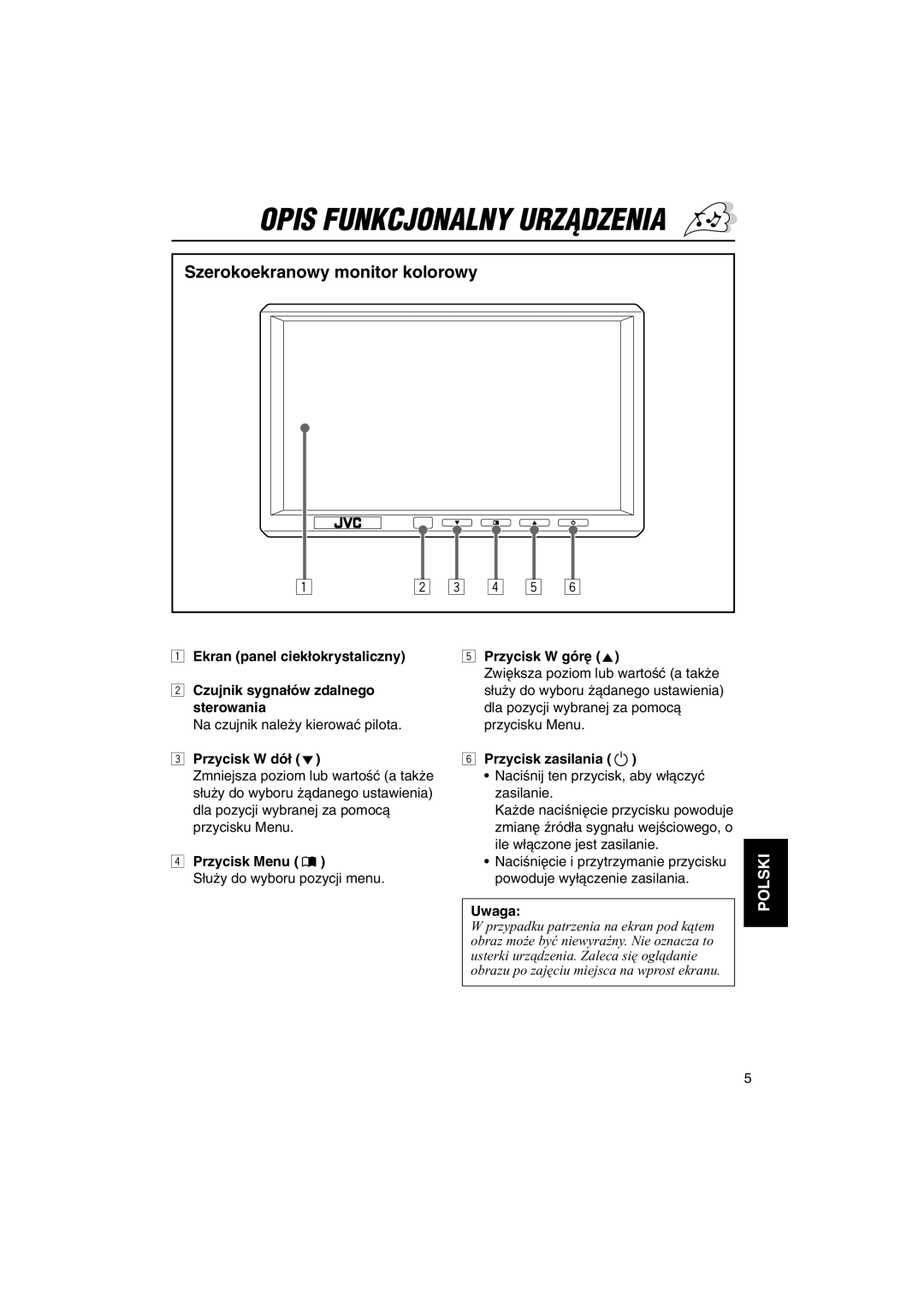 JVC KV-MH6500 manual Opis Funkcjonalny Urzñdzenia, Szerokoekranowy monitor kolorowy, Ekran panel ciek∏okrystaliczny, Uwaga 