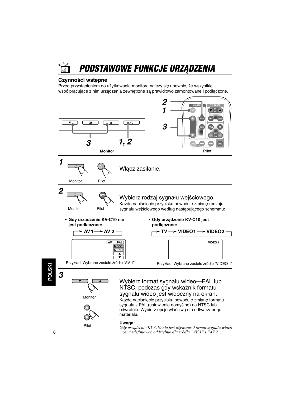 JVC KV-MH6500 manual Podstawowe Funkcje Urzñdzenia, W∏àcz zasilanie, Wybierz rodzaj sygna∏u wejÊciowego, CzynnoÊci wst´pne 