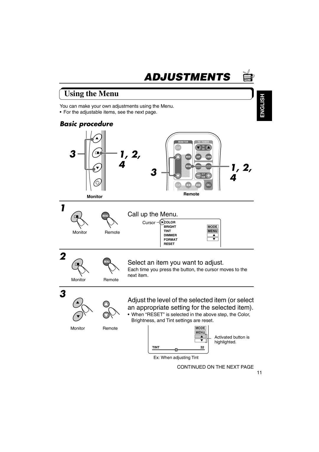 JVC KV-MR9000 manual Adjustments, Using the Menu 