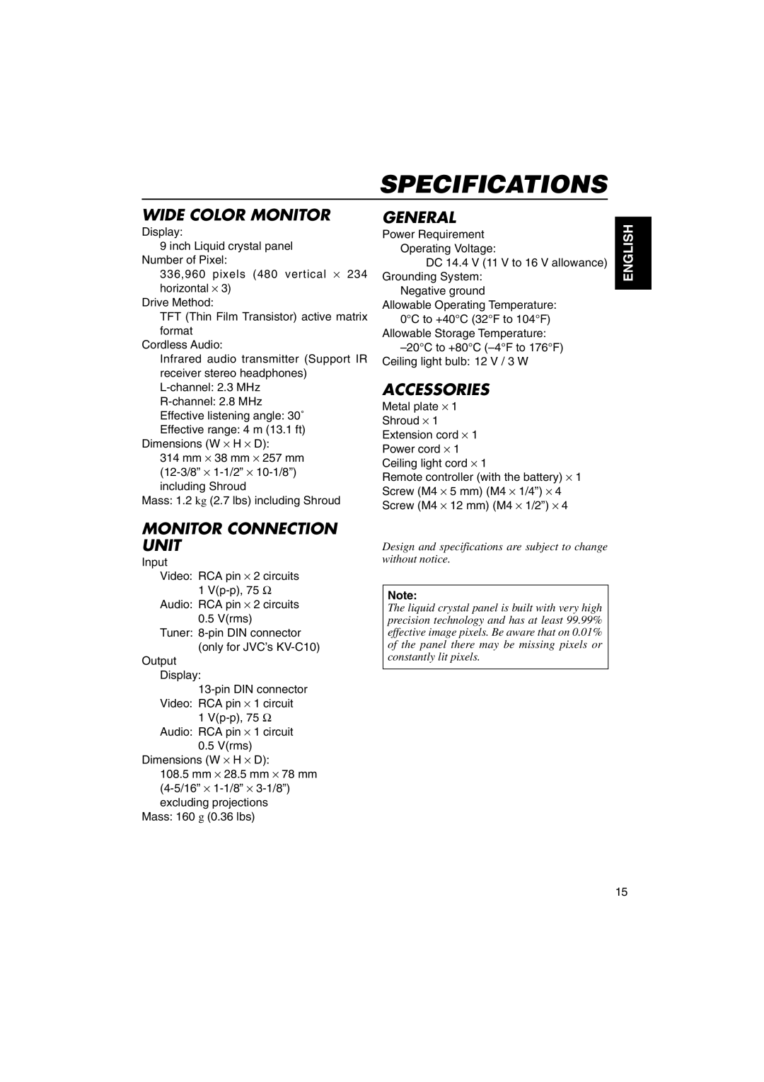 JVC KV-MR9000 manual Specifications, Wide Color Monitor 