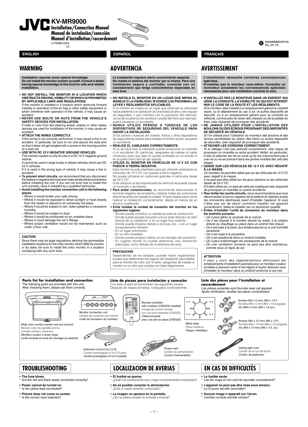 JVC KV-MR9000 manual Advertencia Avertissement, Fuse blows, Le fusible saute 