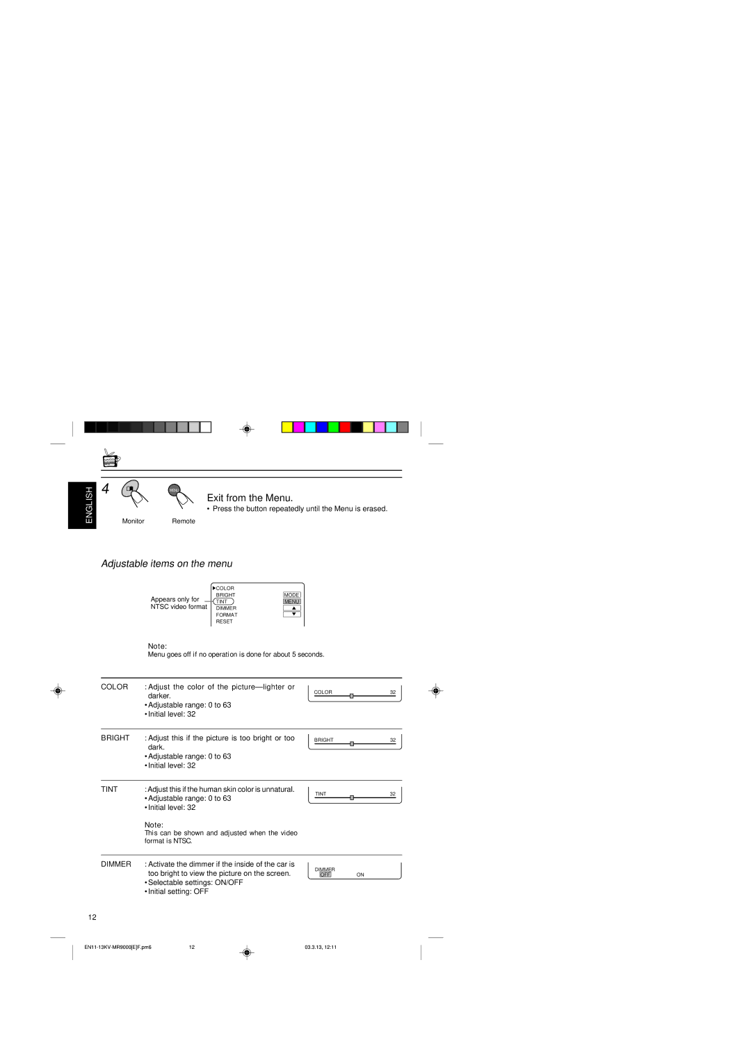 JVC KV-MR9000 manual Adjustable items on the menu 