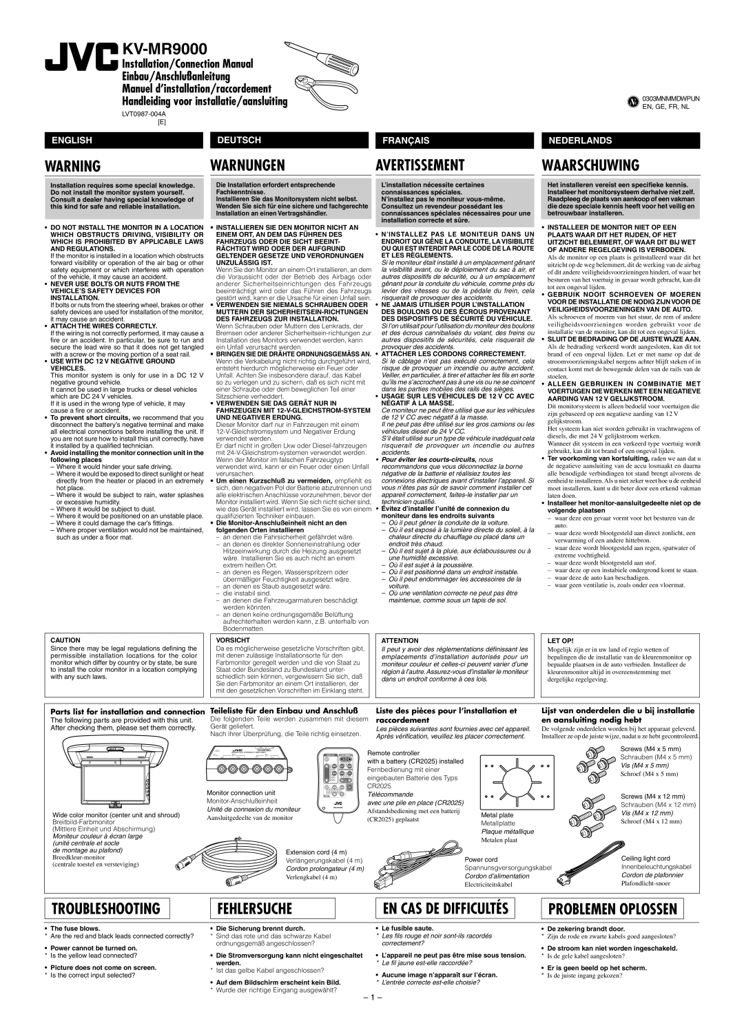 JVC KV-MR9000 manual Warnungen Avertissement, Waarschuwing, Troubleshooting Fehlersuche 