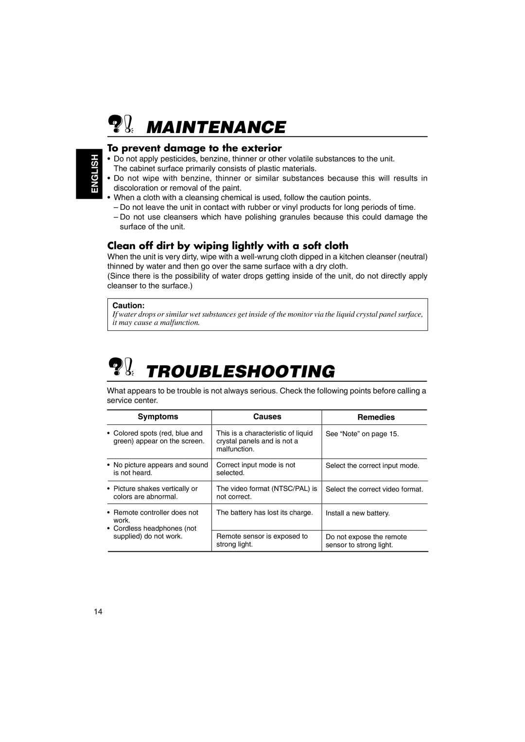 JVC KV-MR9000 manual Maintenance 