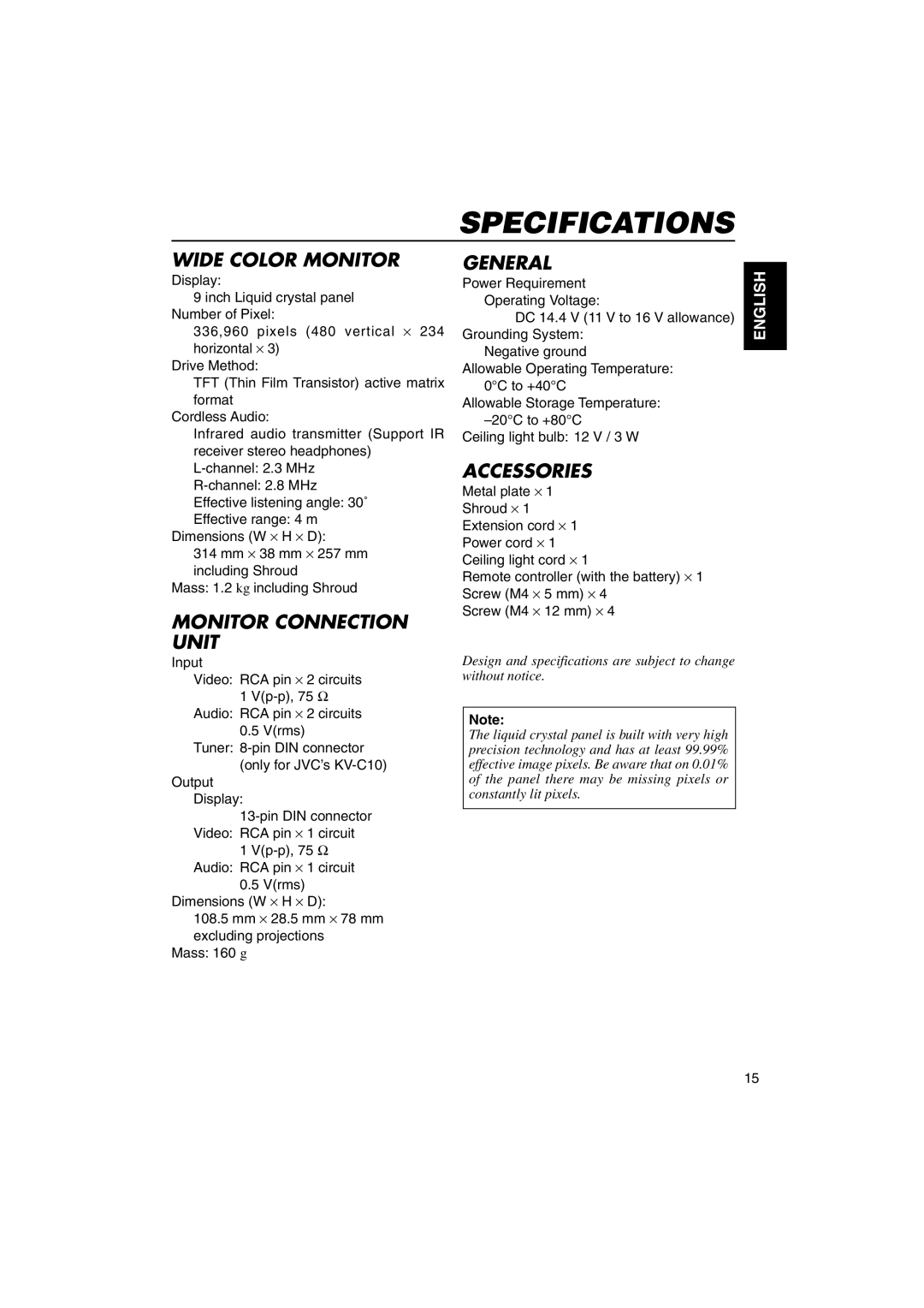 JVC KV-MR9000 manual Specifications 