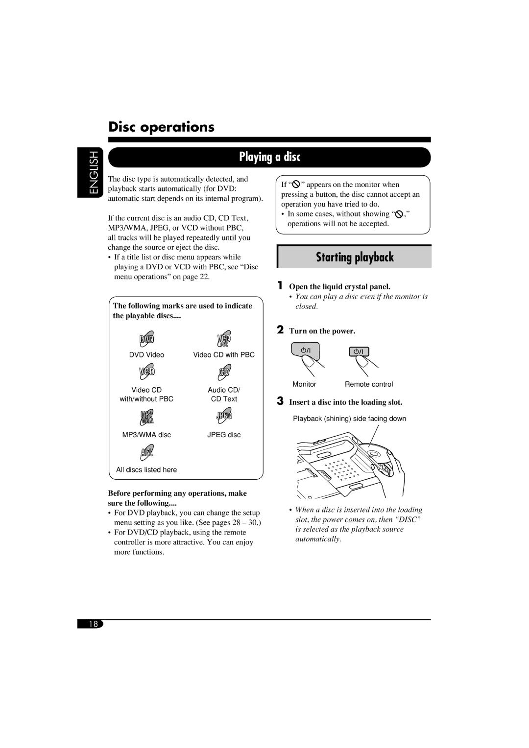 JVC KV-MRD900 manual Disc operations, Playing a disc 