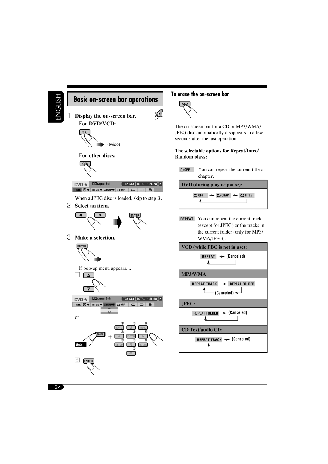 JVC KV-MRD900 manual To erase the on-screen bar, Basic on-screen bar operations 