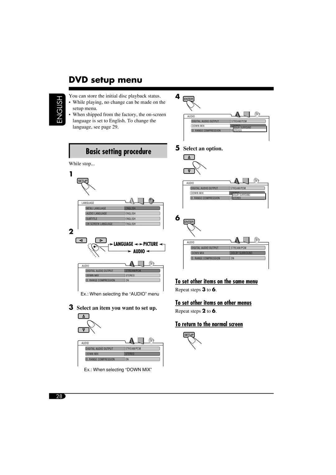 JVC KV-MRD900 manual DVD setup menu, To set other items on the same menu, To set other items on other menus 