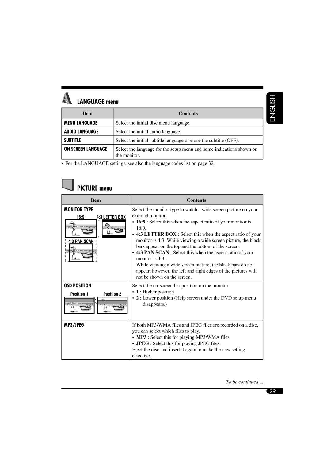 JVC KV-MRD900 manual Language menu, Picture menu 