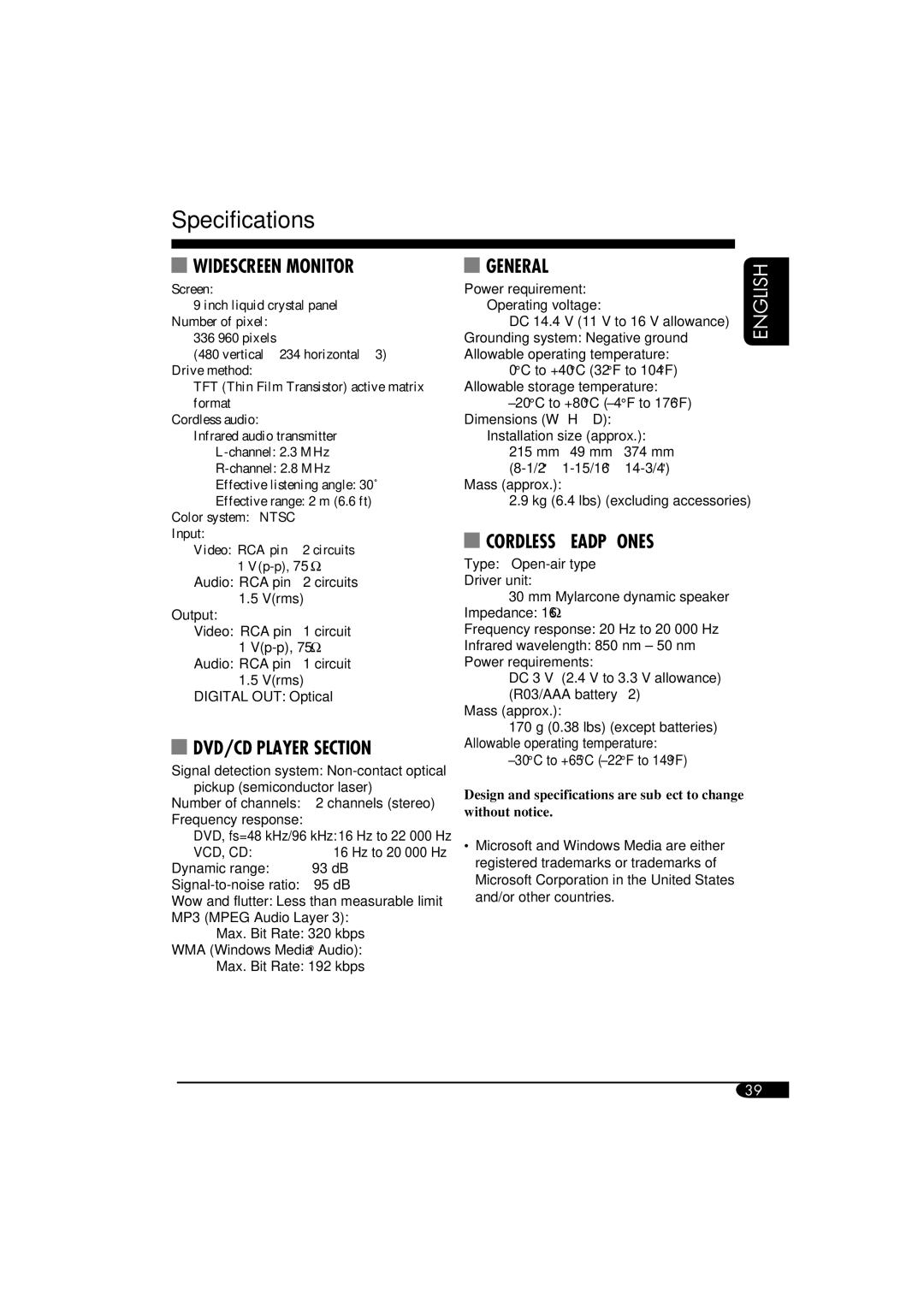 JVC KV-MRD900 manual Specifications, Widescreen Monitor 