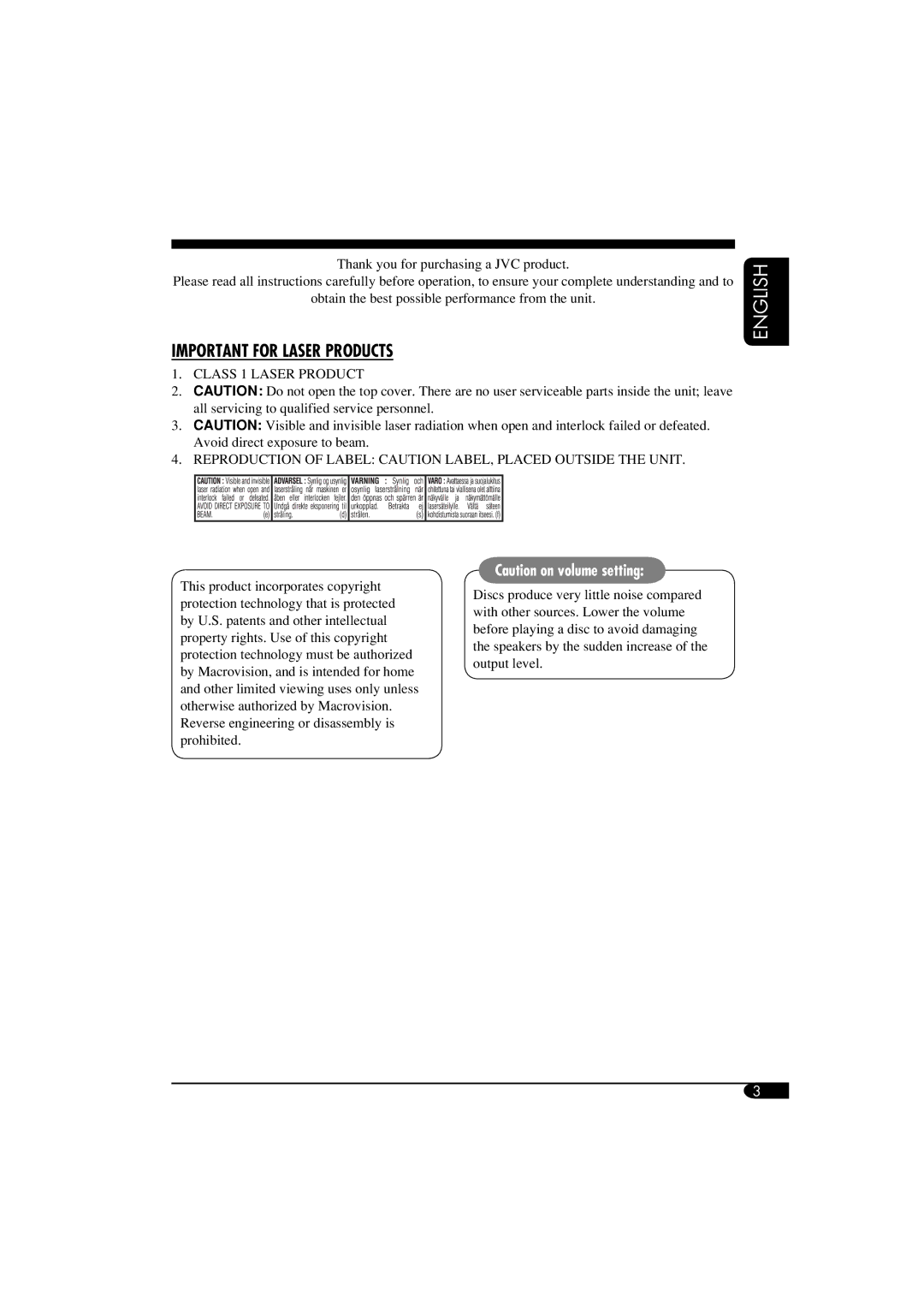 JVC KV-MRD900 manual Important for Laser Products 