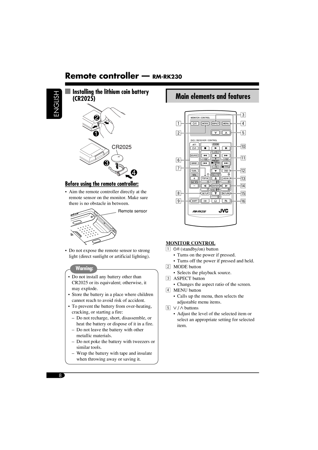 JVC KV-MRD900 manual Remote sensor 