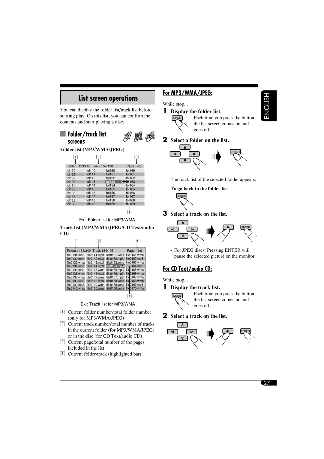 JVC KV-MRD900 manual Track list MP3/WMA/JPEG/CD Text/audio CD 