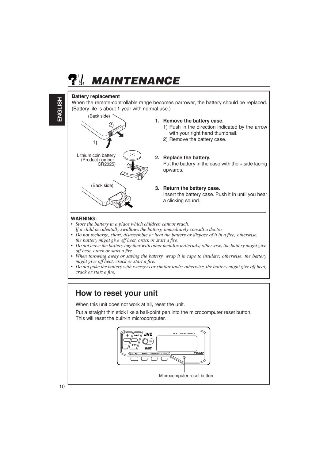 JVC KV-RA2 manual Maintenance, Battery replacement, Remove the battery case, Replace the battery, Return the battery case 