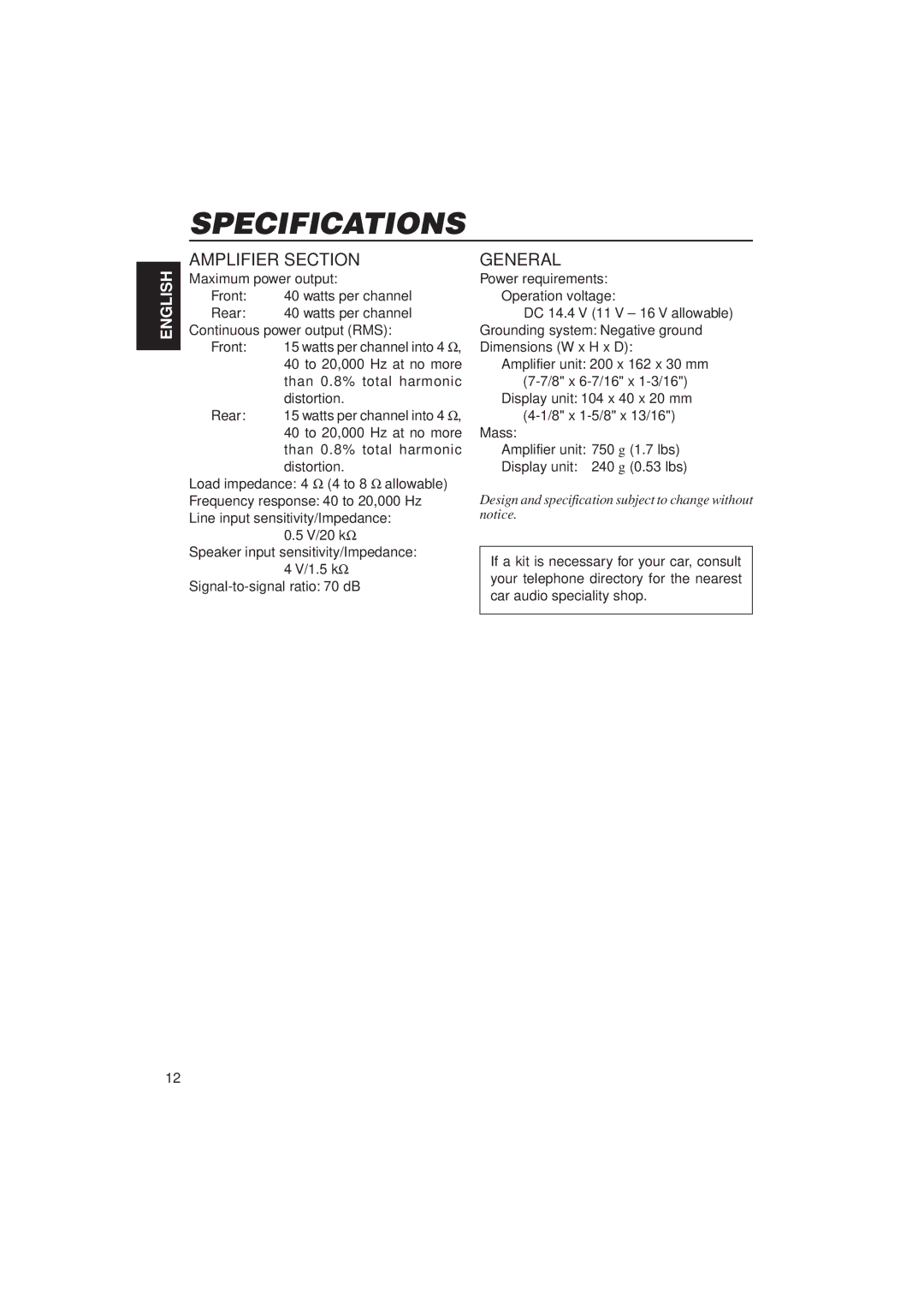 JVC KV-RA2 manual Specifications, Amplifier Section 