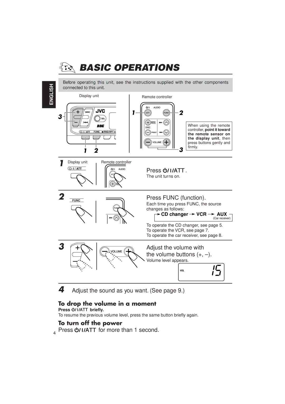 JVC KV-RA2 manual Basic Operations, Press Func function, Adjust the volume with the volume buttons + 