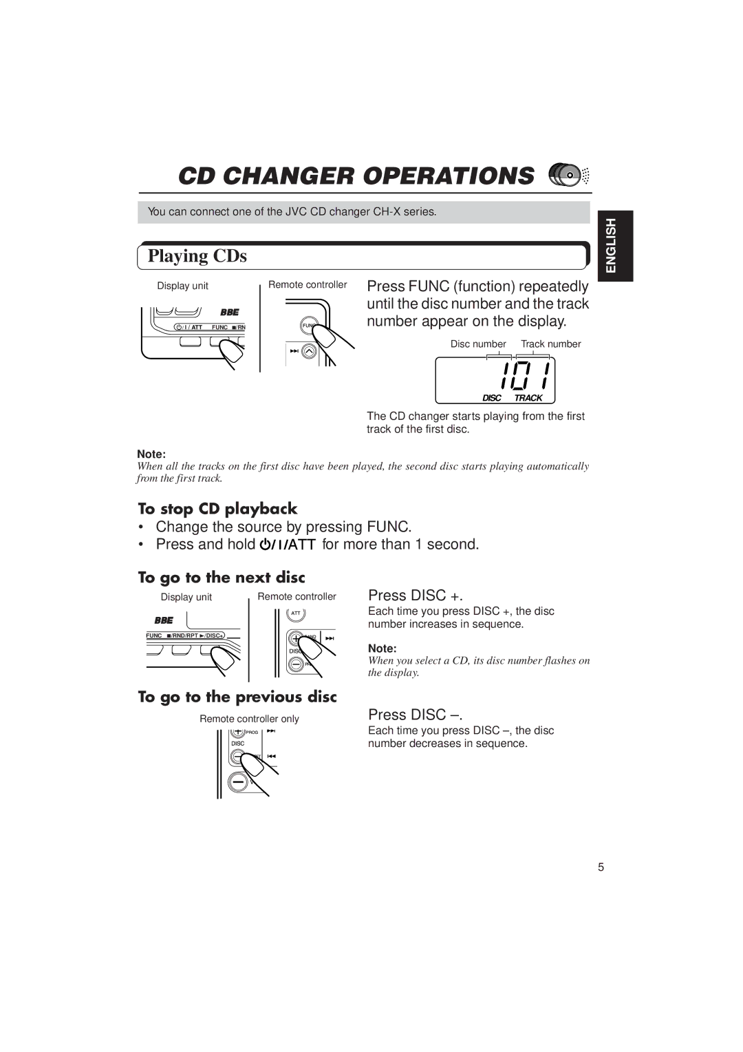 JVC KV-RA2 manual CD Changer Operations, Press Disc + 