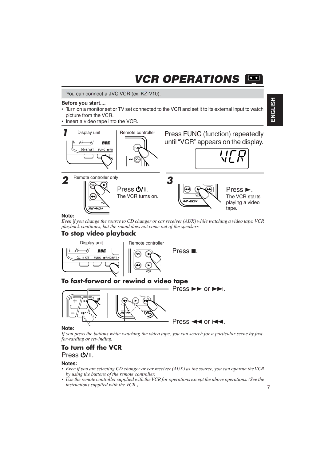 JVC KV-RA2 manual VCR Operations, Press ` or ¢ Press 1 or, Before you start 