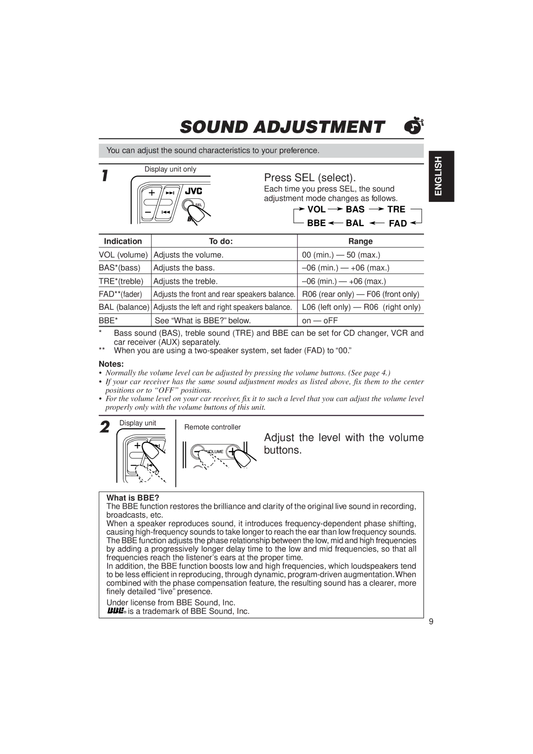 JVC KV-RA2 manual Sound Adjustment, Press SEL select, Adjust the level with the volume buttons, Indication To do Range 