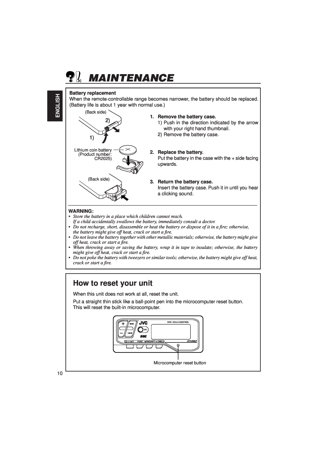 JVC KV-RA2 manual Maintenance, How to reset your unit, English 