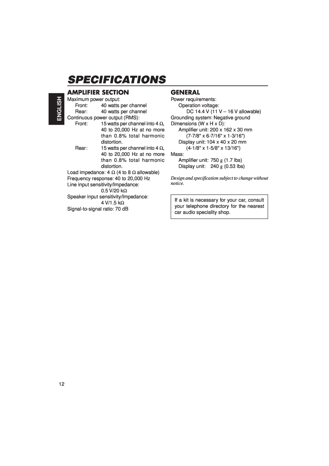 JVC KV-RA2 manual Specifications, Amplifier Section, General, English 