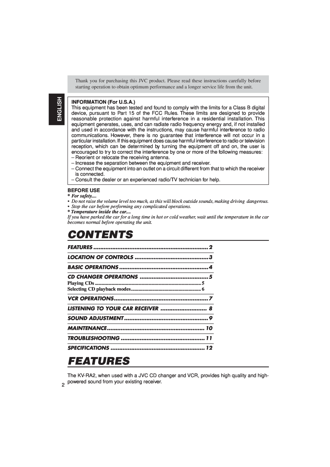 JVC KV-RA2 manual Contents, Features, English, For safety, Temperature inside the car 