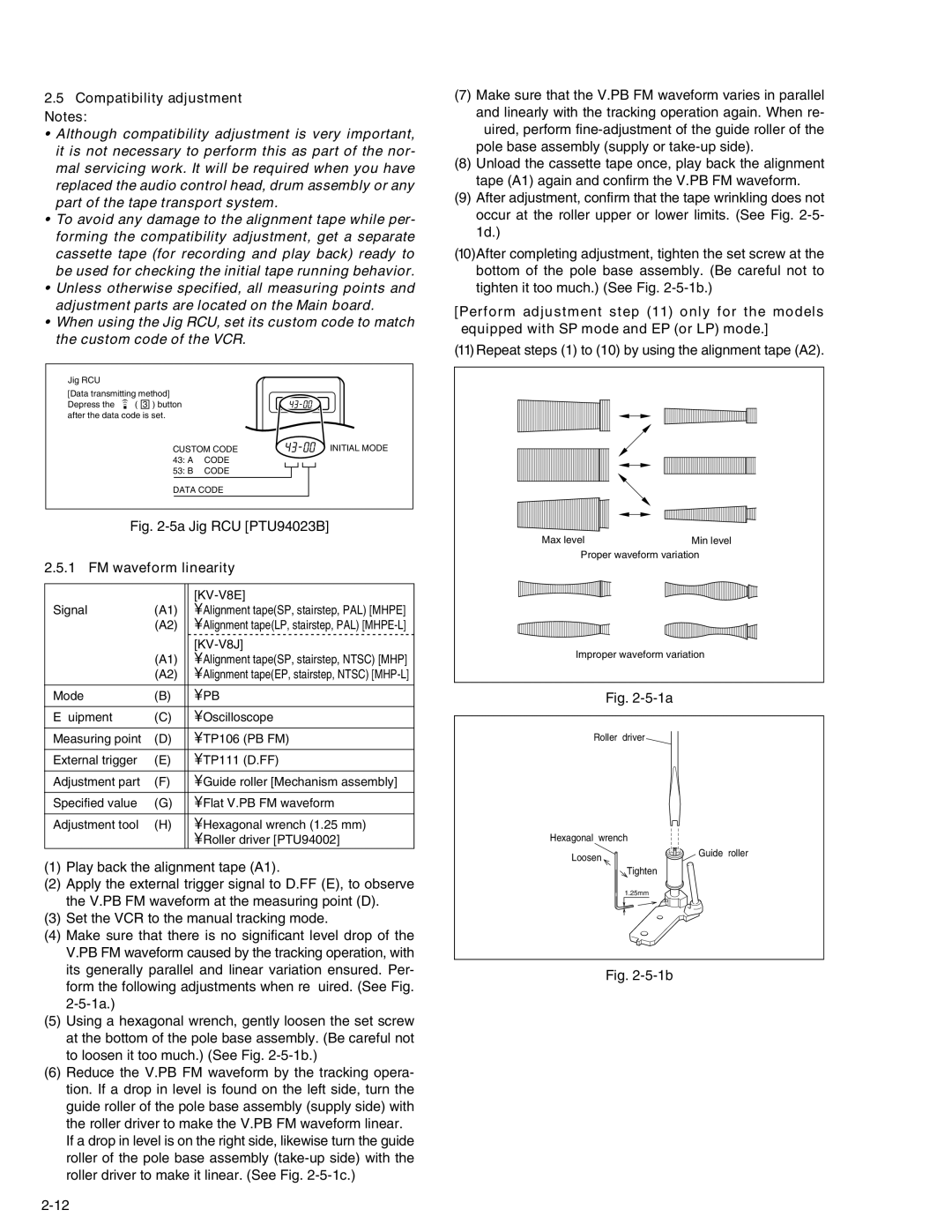 JVC KV-V8 Compatibility adjustment Notes, Repeat steps 1 to 10 by using the alignment tape A2, FM waveform linearity 