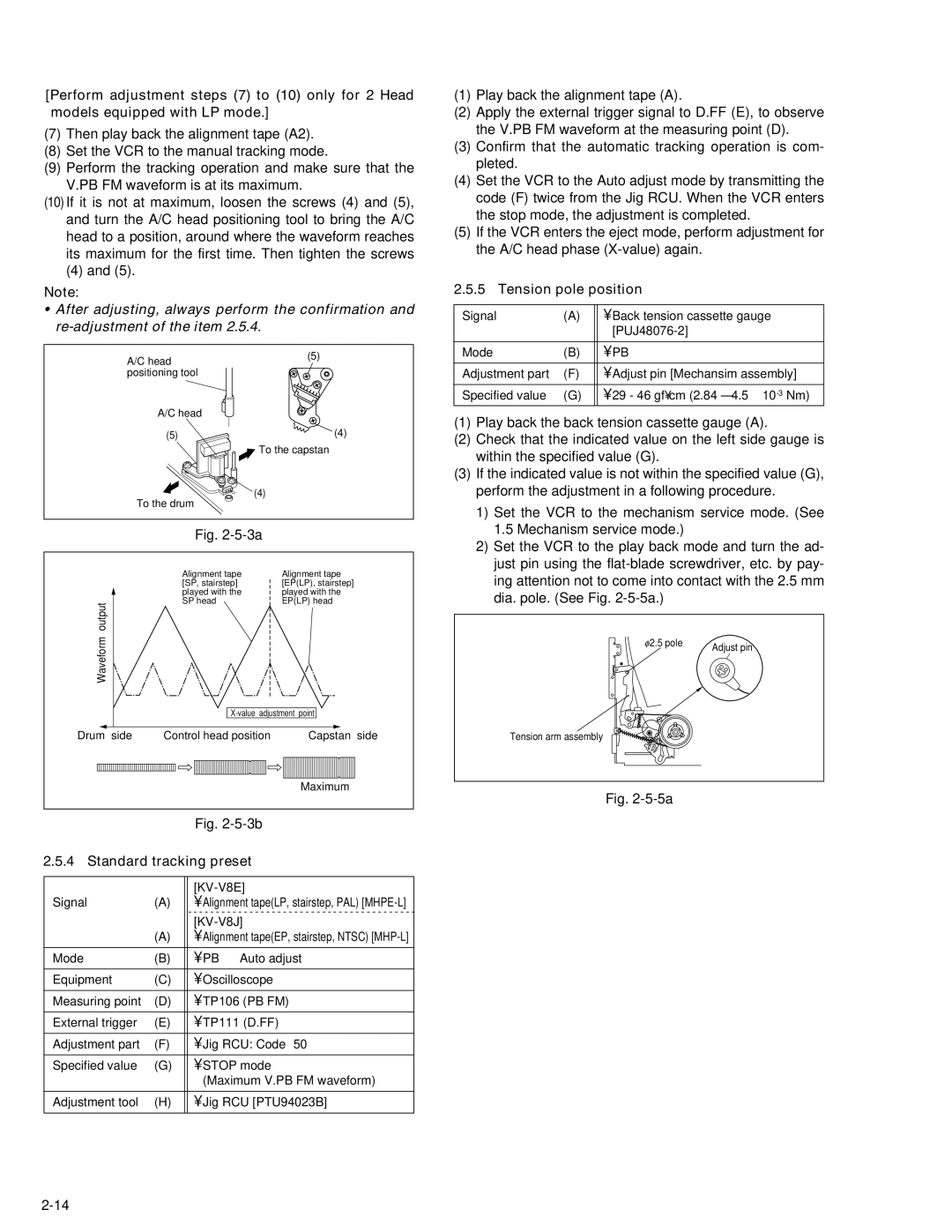 JVC KV-V8 service manual Standard tracking preset, Tension pole position 