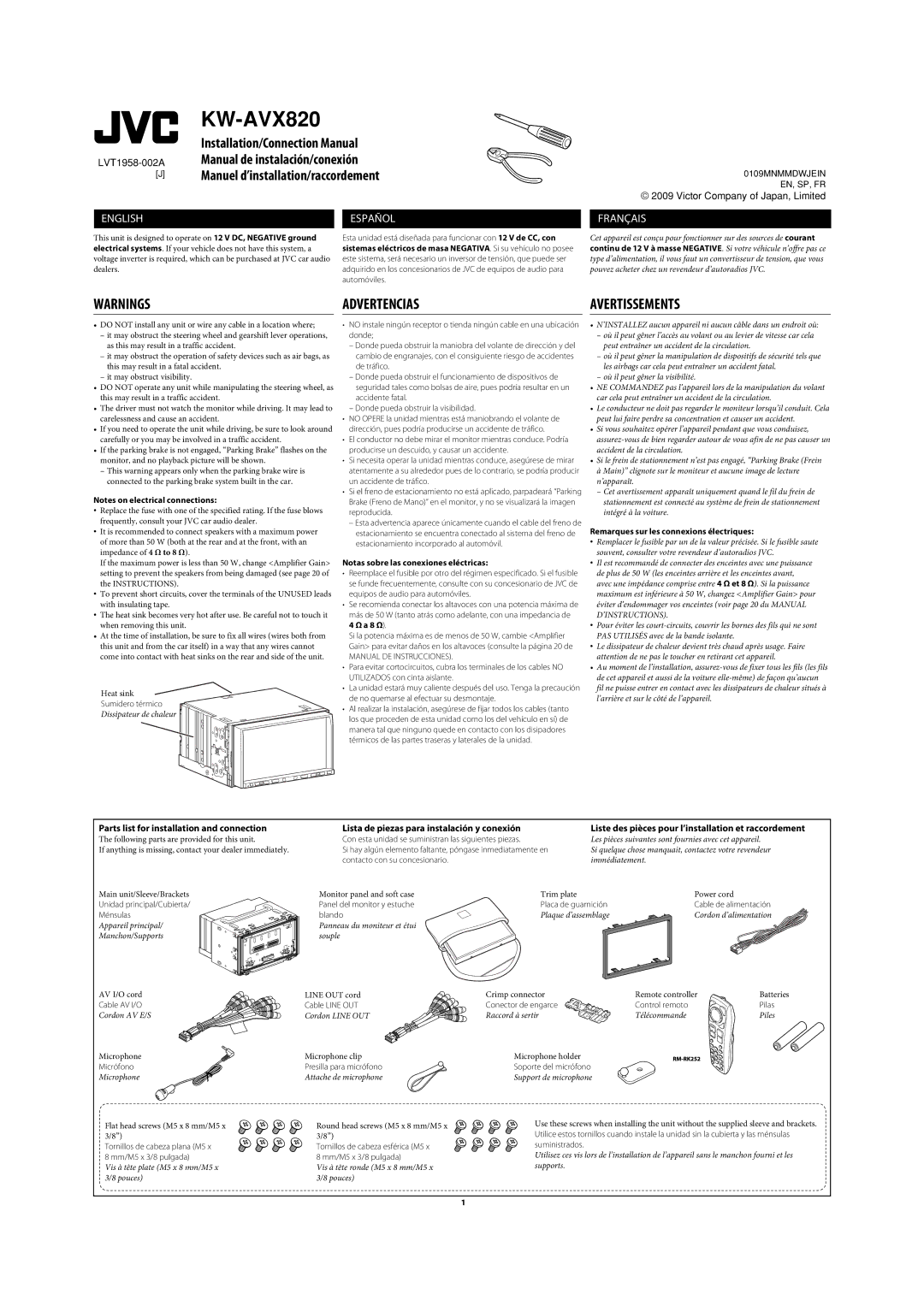 JVC KW-AVX820 manual Advertencias Avertissements, Parts list for installation and connection 