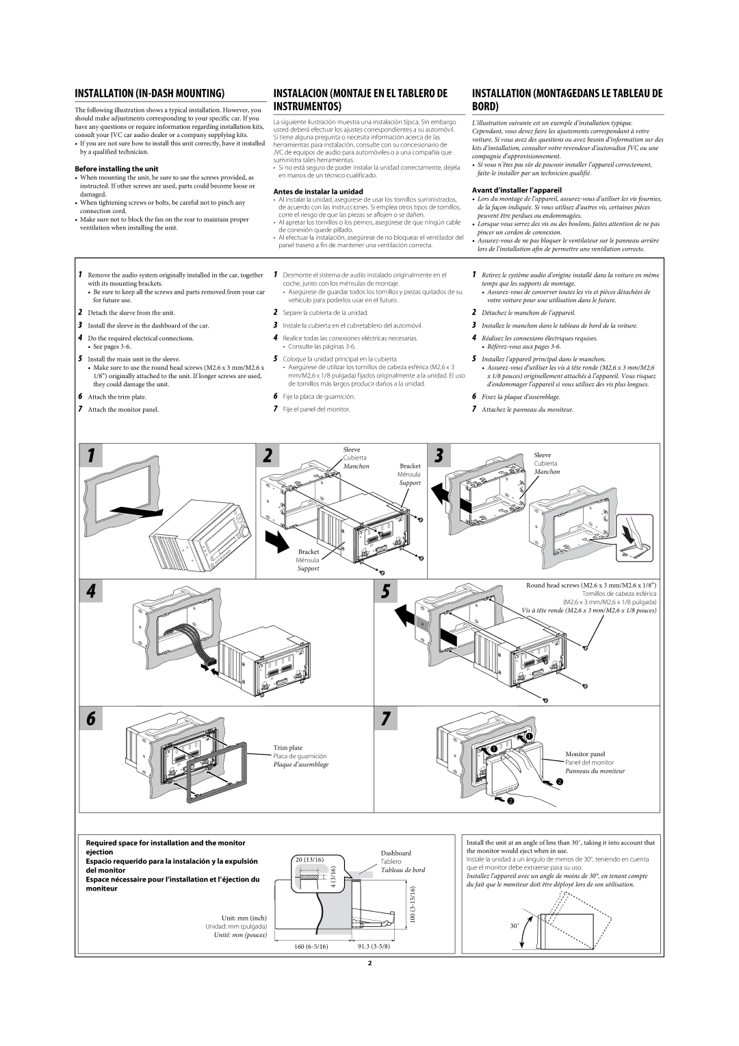 JVC KW-AVX820 manual Installation Montagedans LE Tableau DE Bord, Before installing the unit, Antes de instalar la unidad 