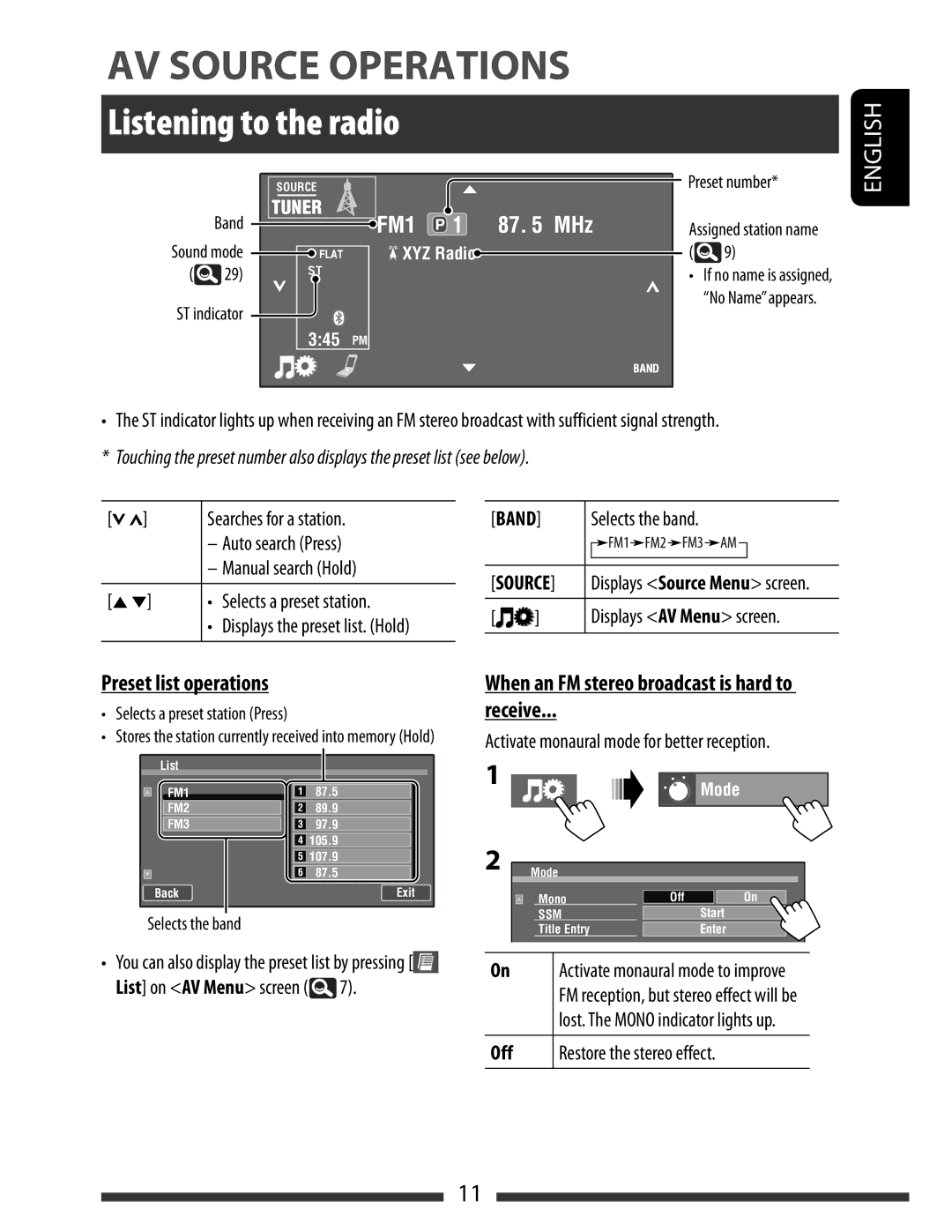 JVC KW-AVX830 manual Listening to the radio, Preset list operations, When an FM stereo broadcast is hard to Receive, Band 