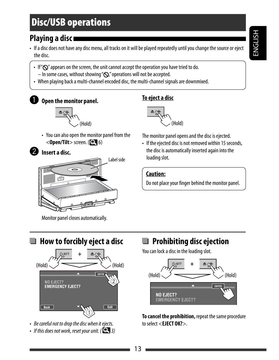 JVC KW-AVX830 Disc/USB operations, Playing a disc, Prohibiting disc ejection, ~To eject a disc Open the monitor panel 