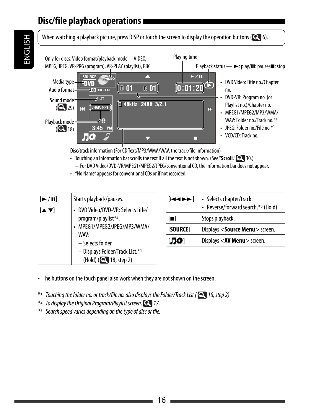 JVC KW-AVX838, KW-AVX830 manual Disc/file playback operations 