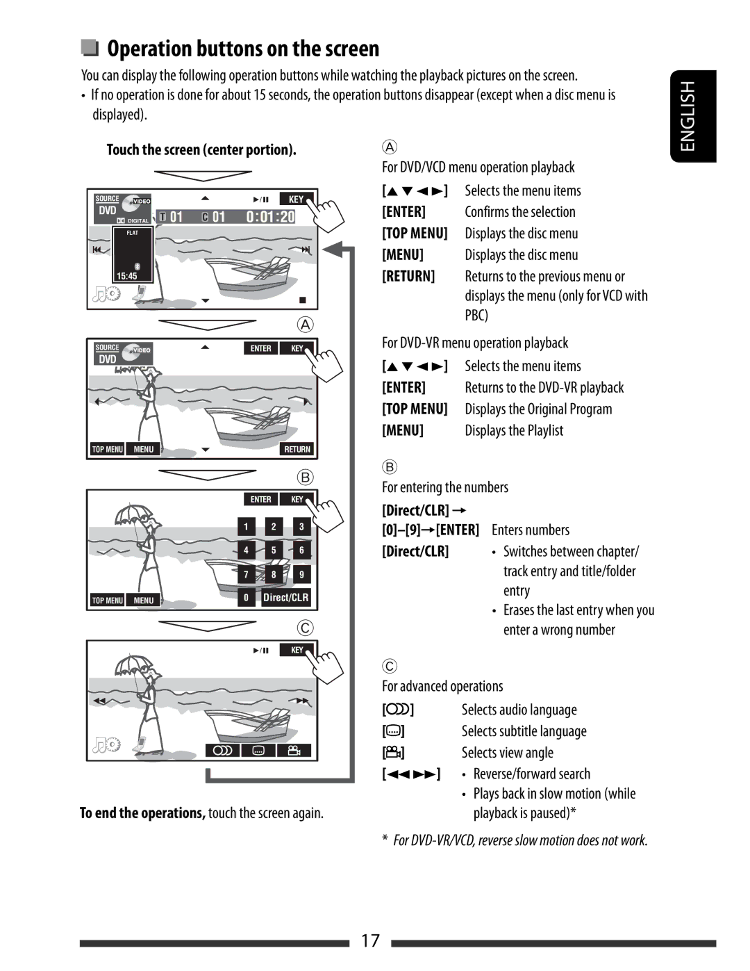 JVC KW-AVX830, KW-AVX838 manual Operation buttons on the screen, Enter, Menu, Return, Pbc 