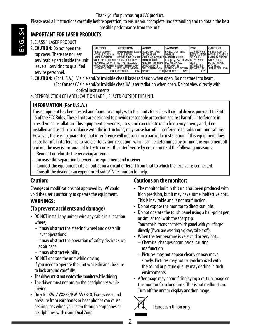 JVC KW-AVX838, KW-AVX830 manual Information For U.S.A, To prevent accidents and damage 