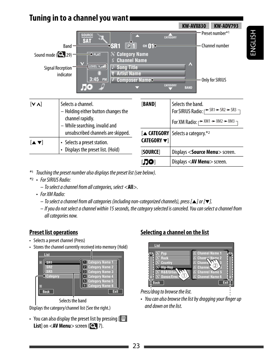 JVC KW-AVX838 manual Tuning in to a channel you want, Selecting a channel on the list, KW-AVX830 KW-ADV793 