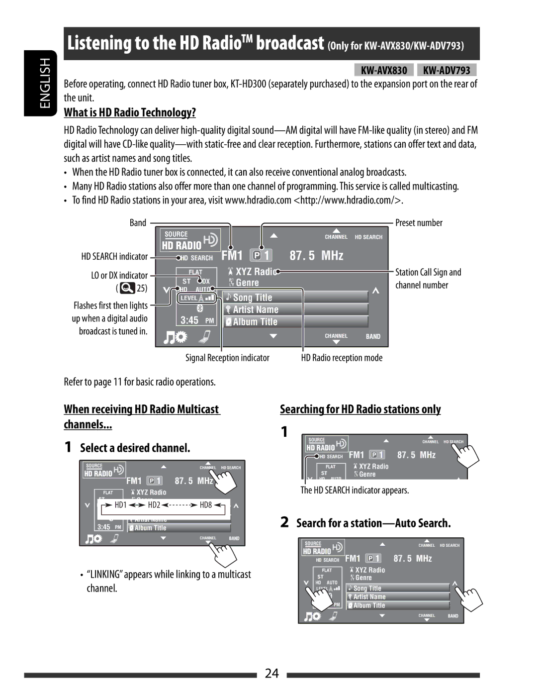 JVC KW-AVX838 manual What is HD Radio Technology?, Searching for HD Radio stations only, Search for a station-Auto Search 