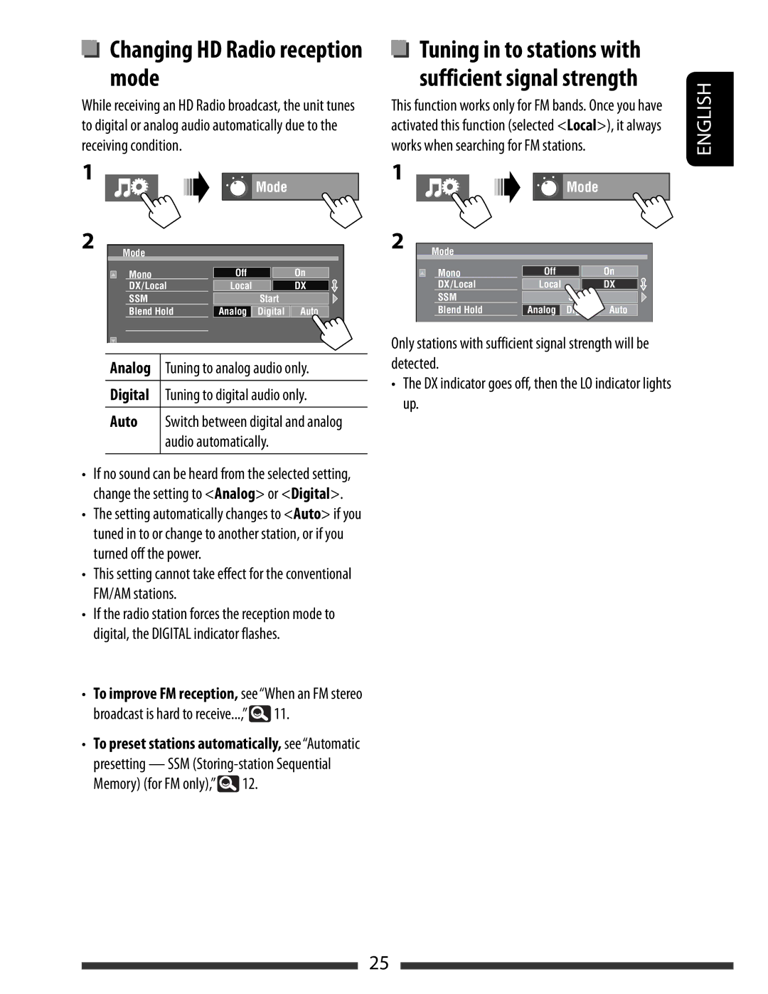 JVC KW-AVX830, KW-AVX838 manual Changing HD Radio reception mode, Audio automatically, Tuning to analog audio only 