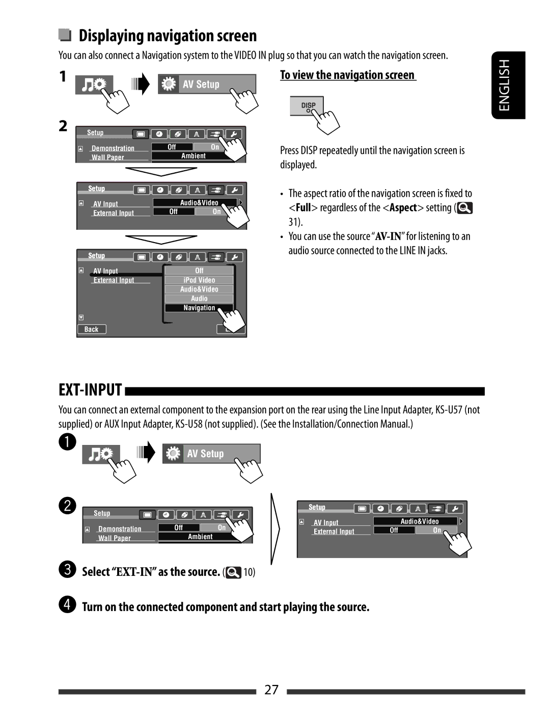 JVC KW-AVX830 manual Displaying navigation screen, To view the navigation screen, Full regardless of the Aspect setting 