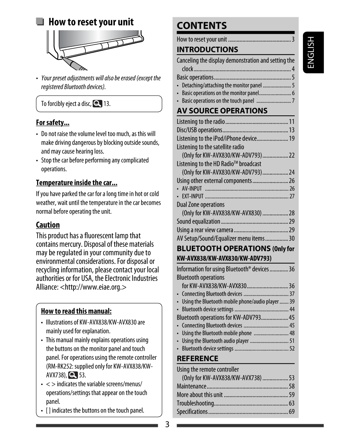 JVC KW-AVX830, KW-AVX838 manual How to reset your unit, Contents 