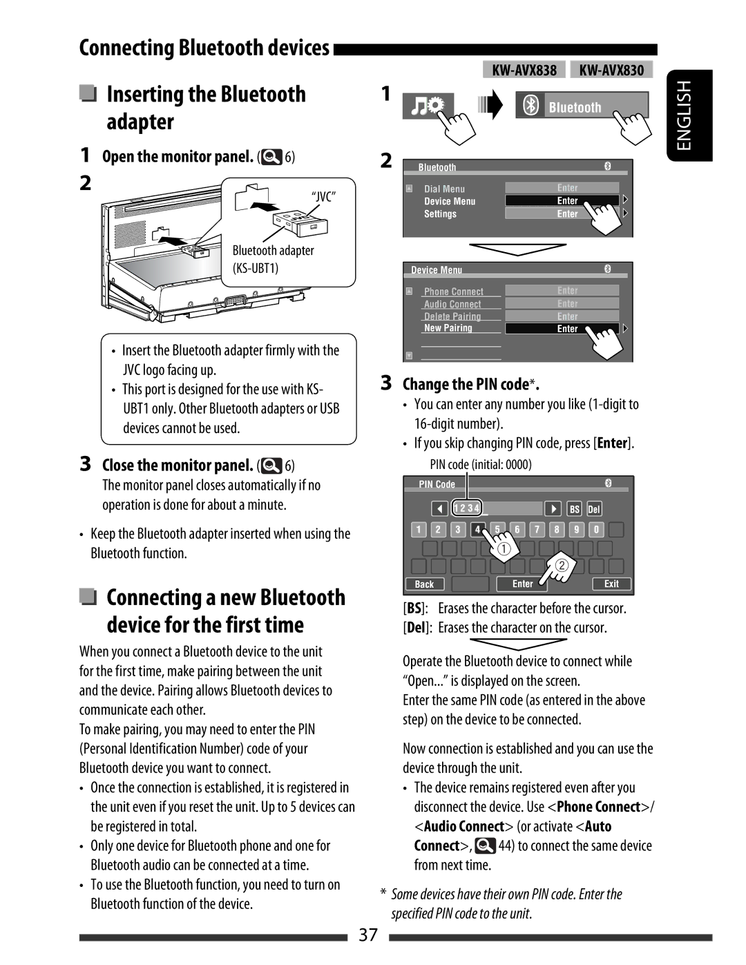 JVC KW-AVX830, KW-AVX838 manual Connecting Bluetooth devices, Close the monitor panel, Change the PIN code, PIN code initial 