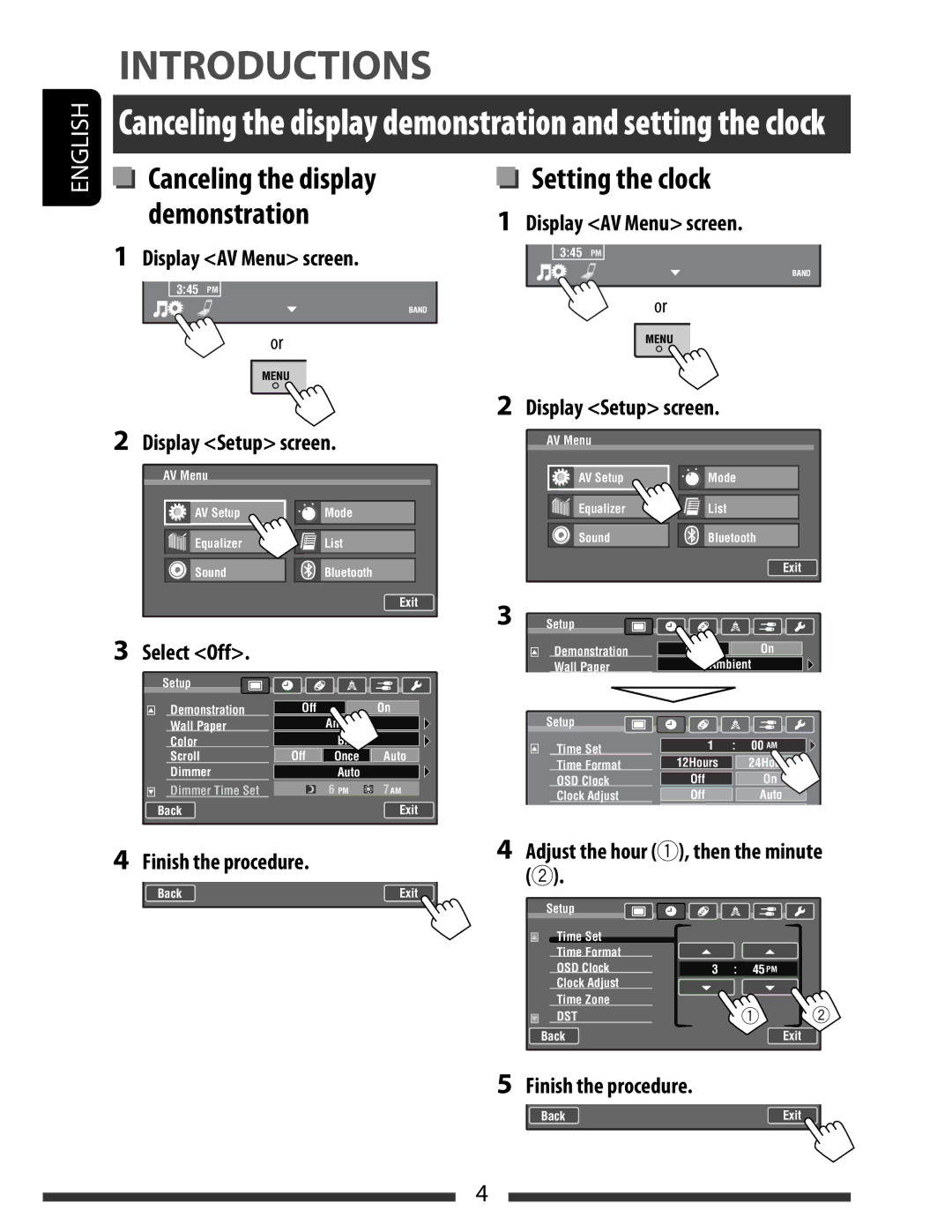 JVC KW-AVX838, KW-AVX830 manual Display Setup screen, Select Off, Finish the procedure, Adjust the hour 1, then the minute 